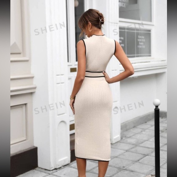 Prive Ribbed Knit Contrast Binding Belted Tank Dress - Picture 4 of 6